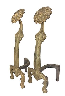 Antique Pair of Iron Art Nouveau Style Fireplace Andirons