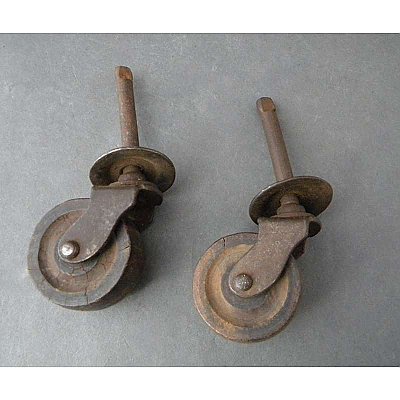 Set of 2 Antique Wooden Wheel Casters