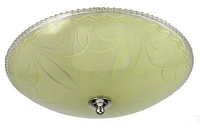 Antique Porcelain Flush Mount Ceiling Light Fixture with Yellow Vaseline Glass Shade - Circa 1920