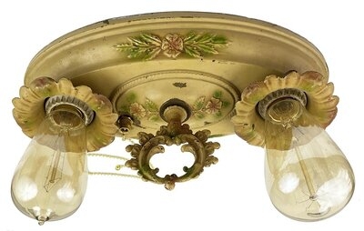 Antique Polychrome Flush Mount Ceiling Light with Pull Chain - Circa 1930