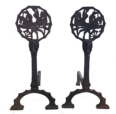 Antique Pair of Cast Iron Figural Fireplace Andirons with Horses - Circa 1900