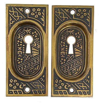 Antique Wrought Bronze Pocket Door Flush Escutcheon Cup Pulls in "Ceylon" Design by P. & F. Corbin - Circa 1905