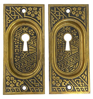 Antique Wrought Bronze Pocket Door Flush Escutcheon Cup Pulls in "Ceylon" Design by P. & F. Corbin - Circa 1905