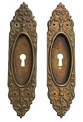Pair of Antique Wrought Bronze "Mura" Pattern Flush Escutcheon Plates by Reading Hardware Co. - Circa 1899