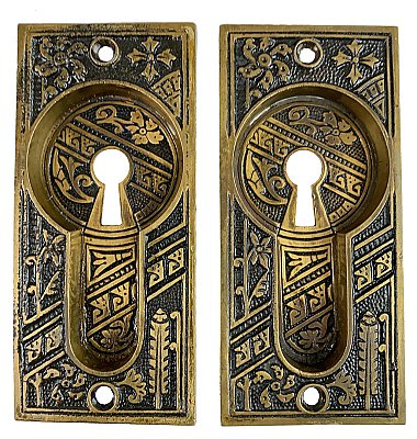Pair Antique Cast Bronze Pocket Door Flush Escutcheon Pulls by P. & F. Corbin - Circa 1895