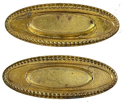 Pair of Oval Beaded Antique Wrought Brass Recessed Window Sash Lifts or Flush Pulls - Circa 1910