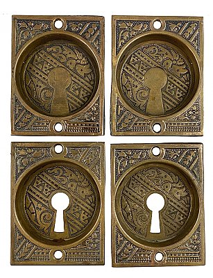 Set of 4 Antique Wrought Bronze Pocket Door Flush Escutcheon Cup Pulls in "Ceylon" Design by P. & F. Corbin - Circa 1895