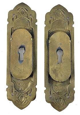 Pair of Antique Cast Bronze "Alhambra" Design Pocket Door Flush Escutcheon Pulls by Sargent & Co. - Circa 1901