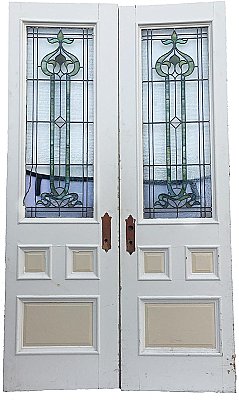 Antique Stained Glass Oak Double Doors - Green - Circa 1880