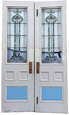 Antique Stained Glass Oak Double Doors - Green - Circa 1880
