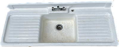 Antique 60" Enameled Steel Farmhouse Sink With Drainboards and Backsplash - Circa 1953