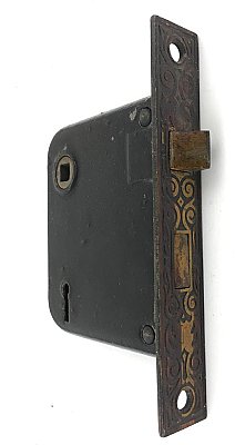 Antique Branford Interior Mortise Door Lock - Bronze Plated Ornate Faceplate