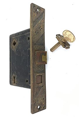 Antique Bronze Aesthetic Pattern Entry Mortise Door Lock With Thumbturn - 3/8" Spindle Hub - Circa 1890