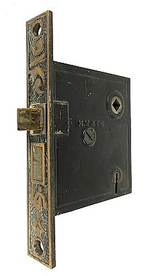 Antique Mortise Door Lock with "Arabic" Design Faceplate by Mallory & Wheeler Co. - Circa 1882
