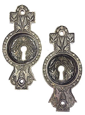 Pair of Antique Nickel Plated Cast Bronze Pocket Door Flush Pulls bin "Bird & Butterfly" Design by Norwalk Lock Co. - Circa 1885