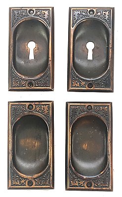Antique Set of Double Sliding/ Pocket Door Flush Pulls in "Montello" Design by Reading Hardware Co - Circa 1897