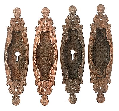 Set of Antique Bronze Plated Cast Iron Sliding or Pocket Door Flush Pull or Cup Escutcheon Plates in "Castella" Design by Reading Hardware Co. - Circa 1899