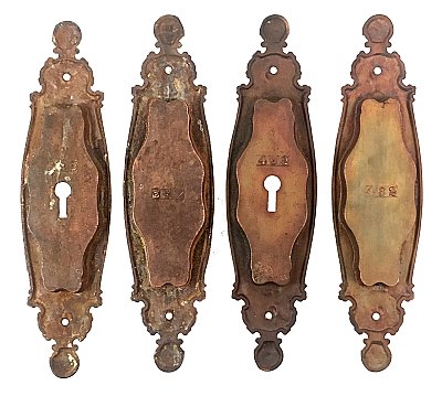 Set of Antique Bronze Plated Cast Iron Sliding or Pocket Door Flush Pull or Cup Escutcheon Plates in "Castella" Design by Reading Hardware Co. - Circa 1899