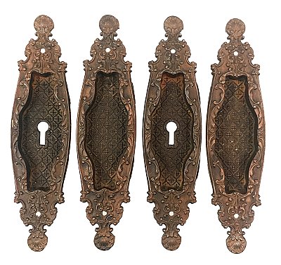 Set of Antique Bronze Plated Cast Iron Sliding or Pocket Door Flush Pull or Cup Escutcheon Plates in "Castella" Design by Reading Hardware Co. - Circa 1899