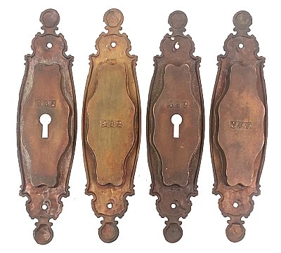 Set of Antique Bronze Plated Cast Iron Sliding or Pocket Door Flush Pull or Cup Escutcheon Plates in "Castella" Design by Reading Hardware Co. - Circa 1899