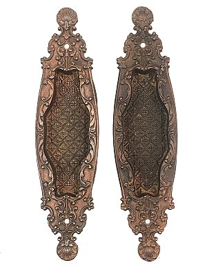 Set of Antique Bronze Plated Cast Iron Sliding or Pocket Door Flush Pull or Cup Escutcheon Plates in "Castella" Design by Reading Hardware Co. - Circa 1899
