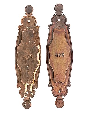 Set of Antique Bronze Plated Cast Iron Sliding or Pocket Door Flush Pull or Cup Escutcheon Plates in "Castella" Design by Reading Hardware Co. - Circa 1899