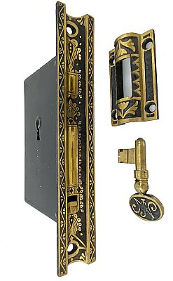 Antique Cast Bronze "Lotus" Design Pocket Door Lock Set by Brittan, Graham, Mathes - Circa 1890