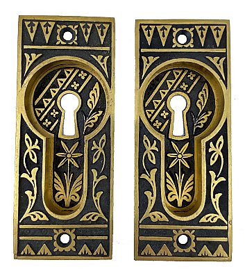 Antique Cast Bronze "Lotus" Design Pocket Door Lock Set by Brittan, Graham, Mathes - Circa 1890