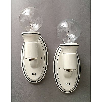 Pair of Antique Black and White Art Deco Porcelain Wall Sconces Circa 1920