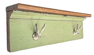 Repurposed  Antique Window Header Wall Rack with 2 Rabbit Hooks