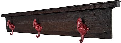 Repurposed  Antique Oak Window Header Wall Rack with 3 Cardinal Hooks