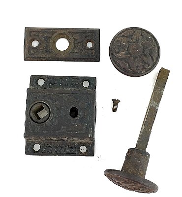 Antique Cast Iron Aesthetic Pattern Screen Door Latch Set - Circa 1880