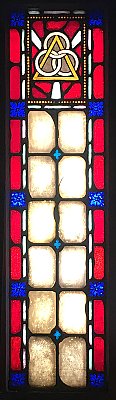 Antique Ecclesiastic Stained Glass Window Sash Circa 1880 - Blue, Red, Yellow - Holy Trinity