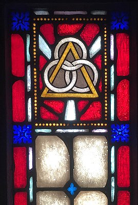 Antique Ecclesiastic Stained Glass Window Sash Circa 1880 - Blue, Red, Yellow - Holy Trinity