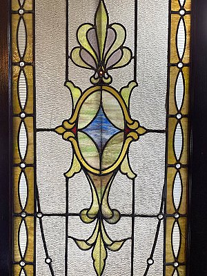 Large Antique Queen Anne Stained Glass Window Sash Circa 1880 - Blue, Green, Amber