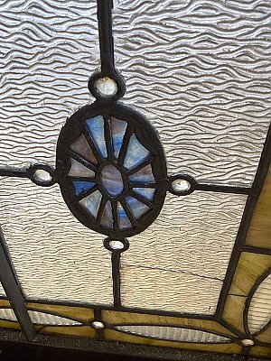 Large Antique Queen Anne Stained Glass Window Sash Circa 1880 - Purple, Yellow, Blue