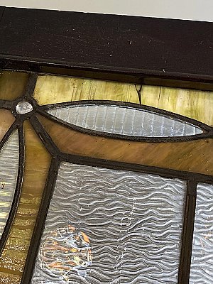 Large Antique Queen Anne Stained Glass Window Sash Circa 1880 - Purple, Yellow, Blue