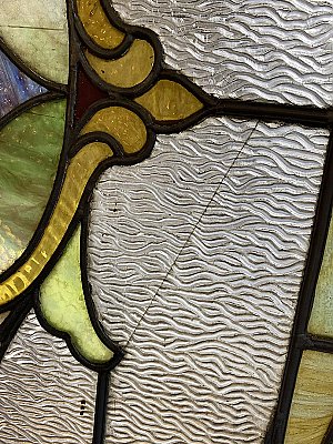 Large Antique Queen Anne Stained Glass Window Sash Circa 1880 - Blue, Green, Yellow