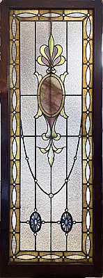 Large Antique Queen Anne Stained Glass Window Sash Circa 1880 - Purple, Yellow, Green