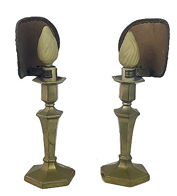 Pair of Antique Arts & Crafts Brass Candelabra Table Lamps Light Fixtures - Circa 1910