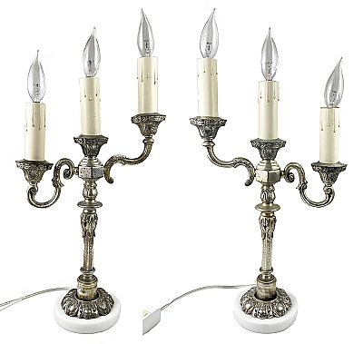Pair of Antique Three Light Silverplate Tabletop Lamps or Candelabra - Circa 1920