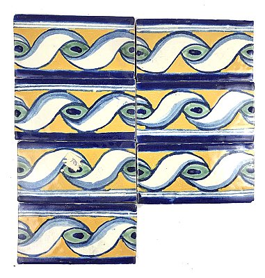 Set of 7 Vintage Mexican Talavera Terra Cotta Border Tile - Ivory, Yellow, Green, Blue