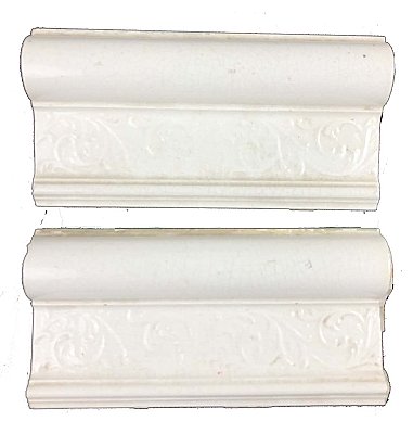 Antique "American Encaustic Tile Co." (AETCO) Ivory Embossed P-Cap Tile Pair - 6" x 3"