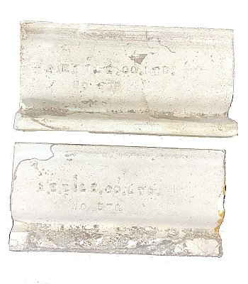 Antique "American Encaustic Tile Co." (AETCO) Ivory Embossed P-Cap Tile Pair - 6" x 3"