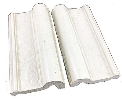 Antique "American Encaustic Tile Co." (AETCO) Ivory Embossed P-Cap Tile Pair - 6" x 3"
