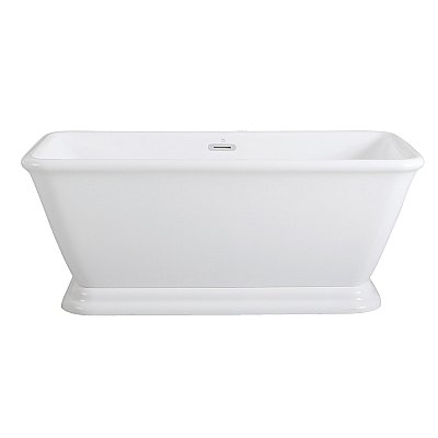 66-Inch Acrylic Double Ended Pedestal Tub with Square Overflow and Pop-Up Drain, White