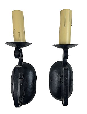 Pair of Primitive Black Iron Colonial Revival Wall Sconces Lights - Circa 1920