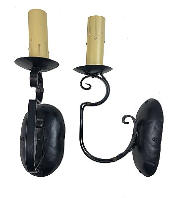 Pair of Primitive Black Iron Colonial Revival Wall Sconces Lights - Circa 1920
