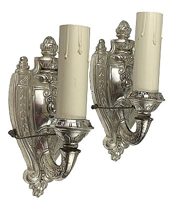 Antique Silverplate Colonial Revival Wall Sconce Pair - Circa 1920
