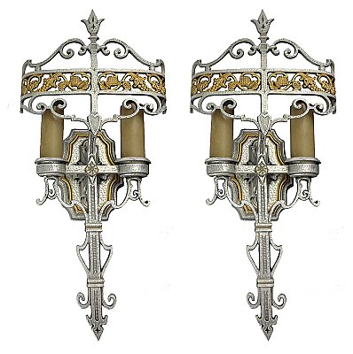 Pair of Antique "Cambridge" Polychrome Wall Sconces or Light Fixtures by Lincoln Mfg. Co. - Circa 1939